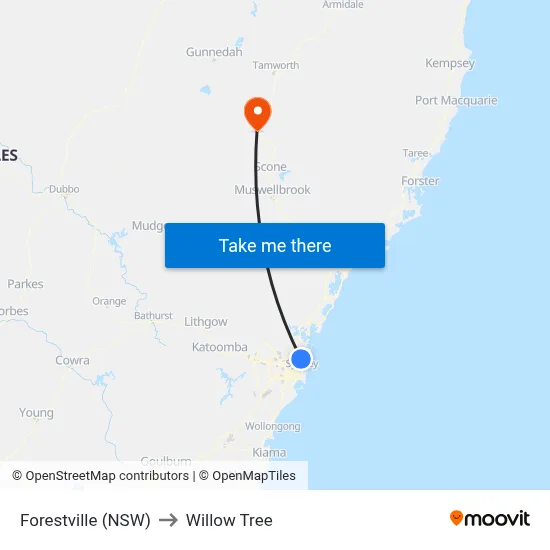 Forestville (NSW) to Willow Tree map