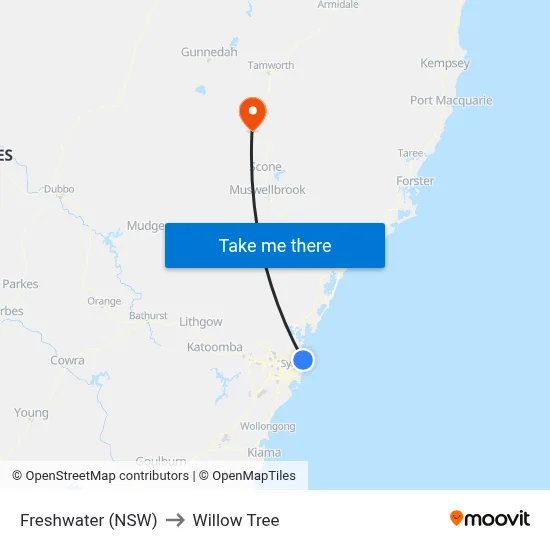 Freshwater (NSW) to Willow Tree map