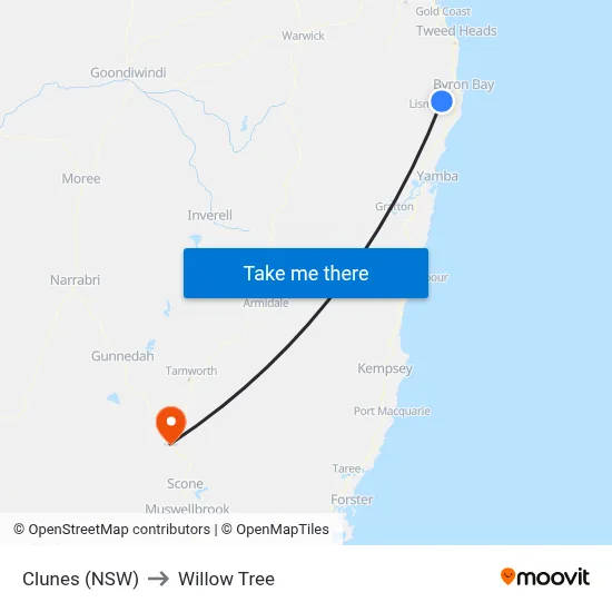 Clunes (NSW) to Willow Tree map