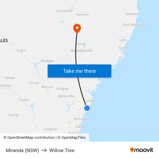 Miranda (NSW) to Willow Tree map