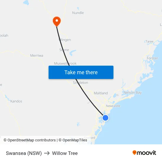 Swansea (NSW) to Willow Tree map