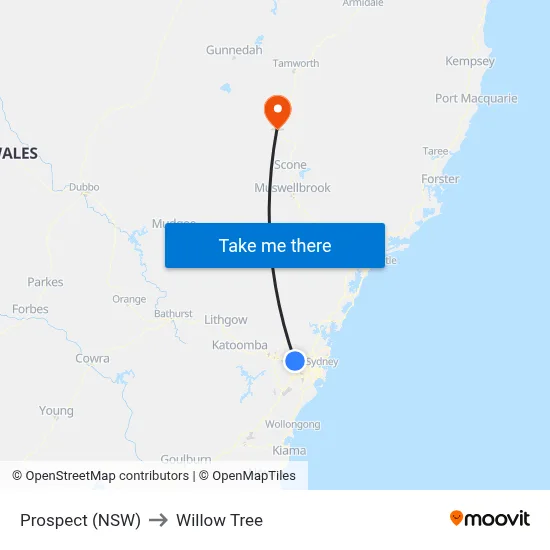 Prospect (NSW) to Willow Tree map