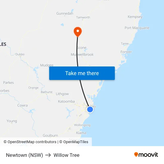 Newtown (NSW) to Willow Tree map
