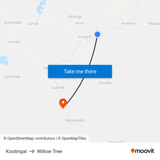 Kootingal to Willow Tree map