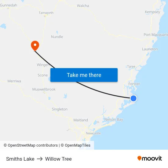 Smiths Lake to Willow Tree map