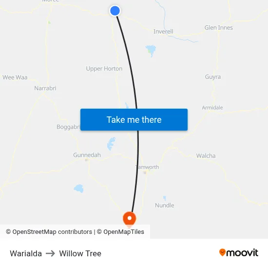 Warialda to Willow Tree map