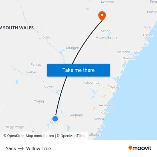 Yass to Willow Tree map
