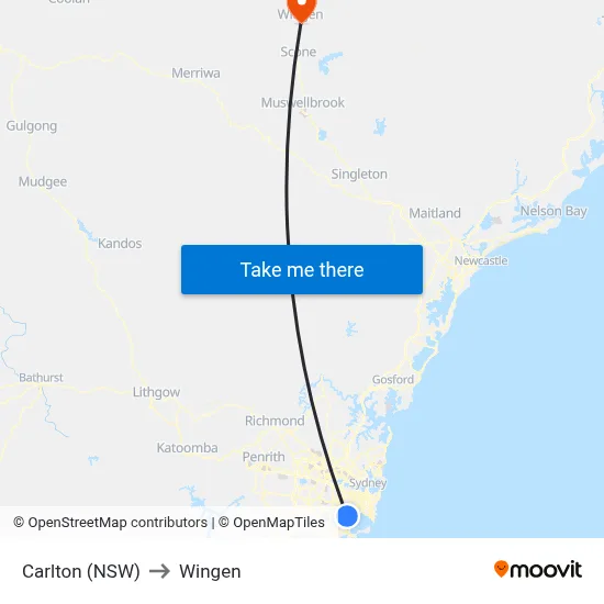 Carlton (NSW) to Wingen map