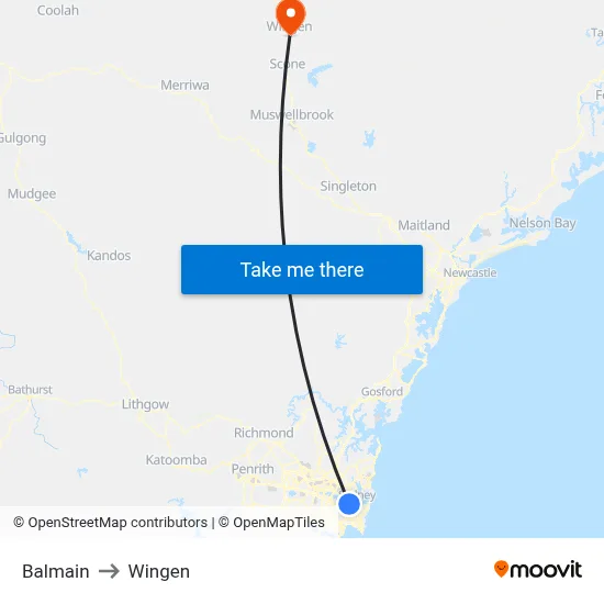 Balmain to Wingen map