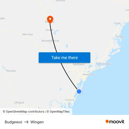 Budgewoi to Wingen map