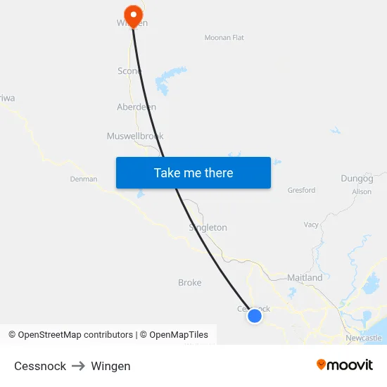 Cessnock to Wingen map
