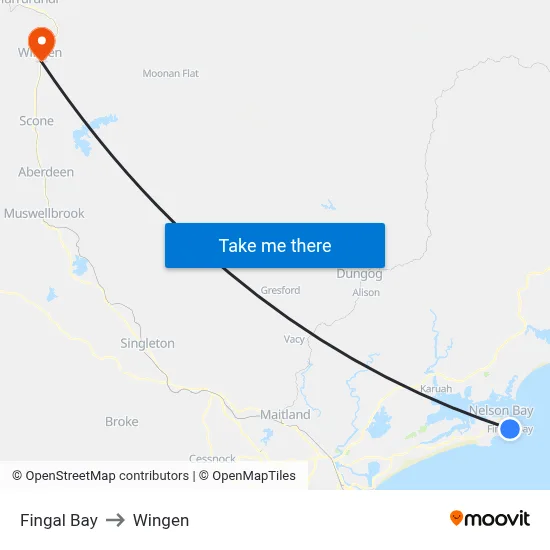 Fingal Bay to Wingen map