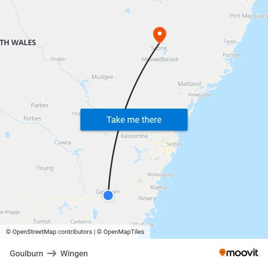 Goulburn to Wingen map