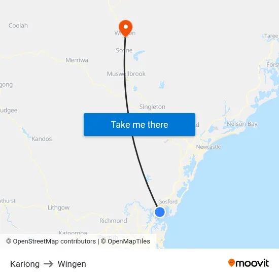 Kariong to Wingen map