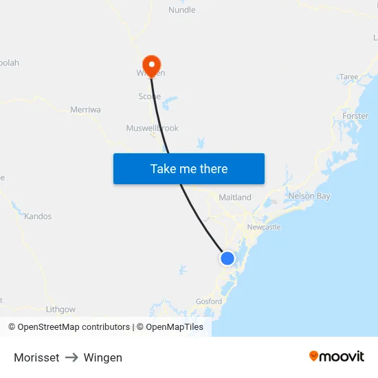 Morisset to Wingen map