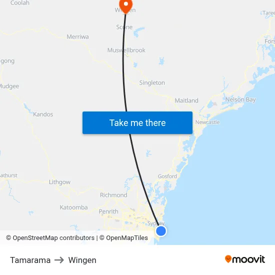 Tamarama to Wingen map