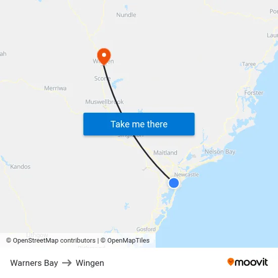 Warners Bay to Wingen map