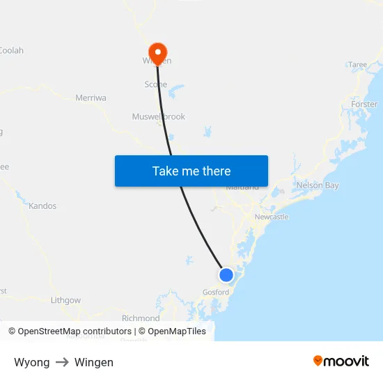Wyong to Wingen map