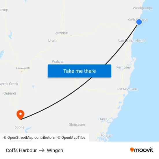Coffs Harbour to Wingen map