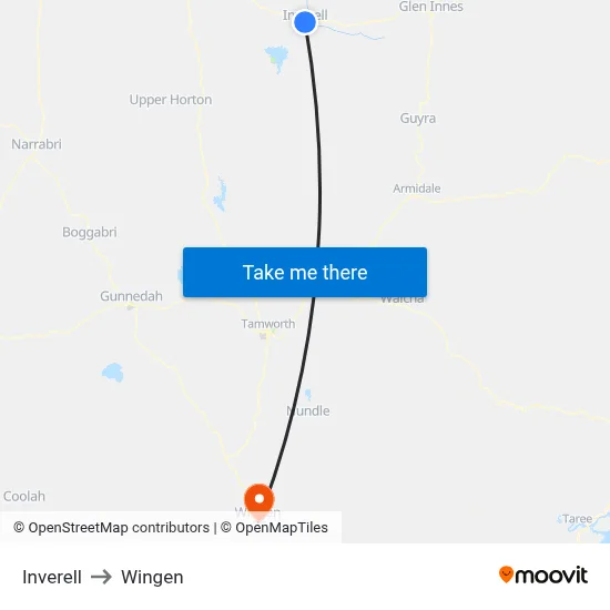 Inverell to Wingen map