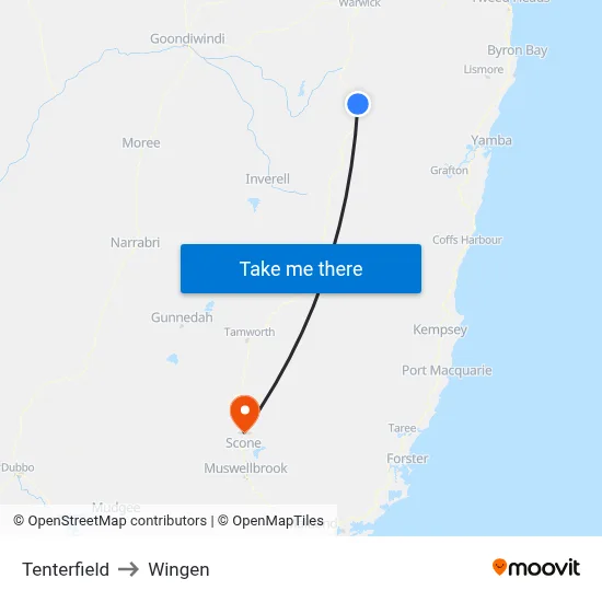 Tenterfield to Wingen map