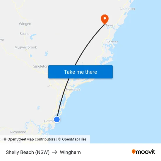Shelly Beach (NSW) to Wingham map