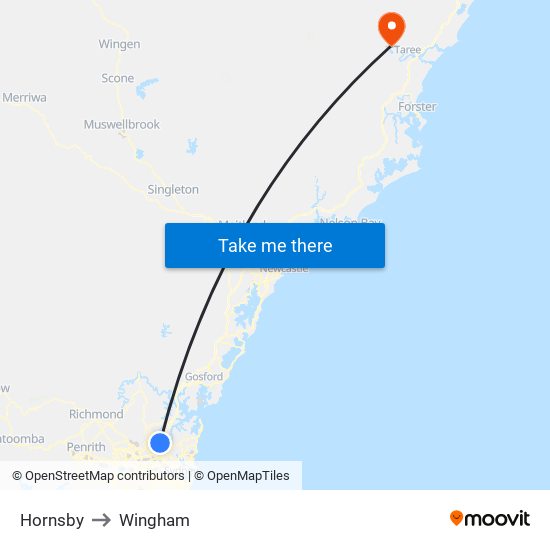 Hornsby to Wingham map