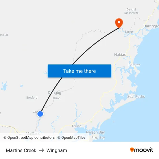 Martins Creek to Wingham map
