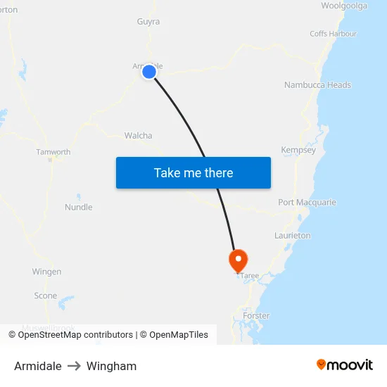 Armidale to Wingham map