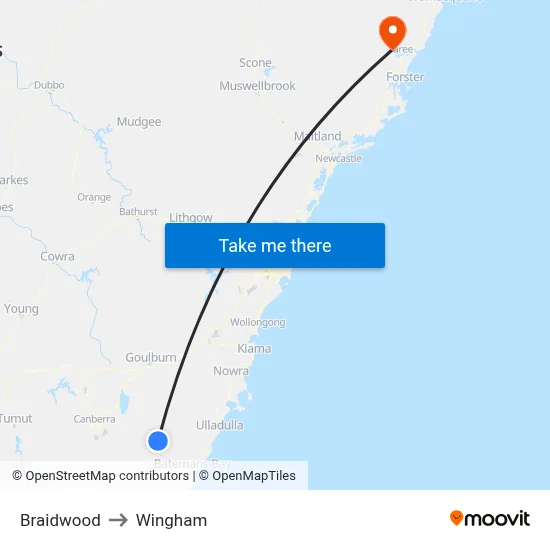 Braidwood to Wingham map