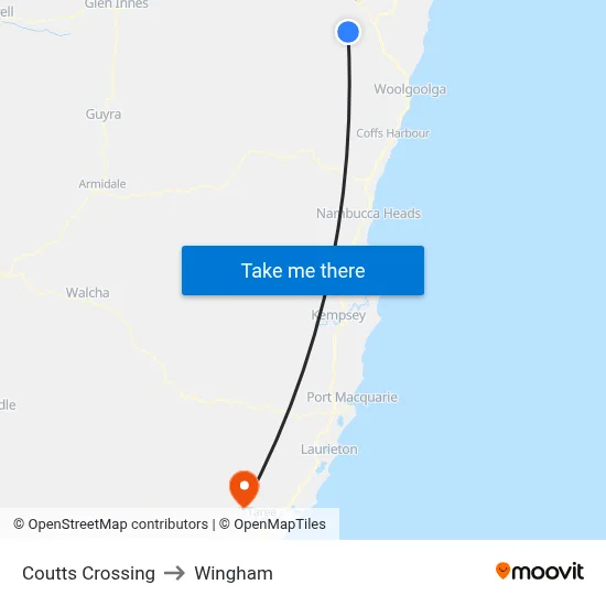 Coutts Crossing to Wingham map