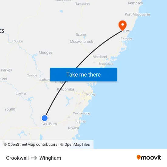 Crookwell to Wingham map