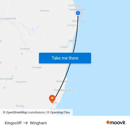 Kingscliff to Wingham map