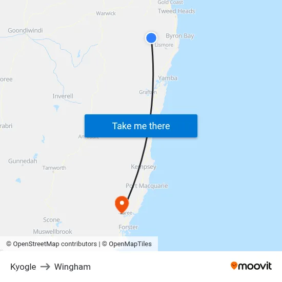 Kyogle to Wingham map