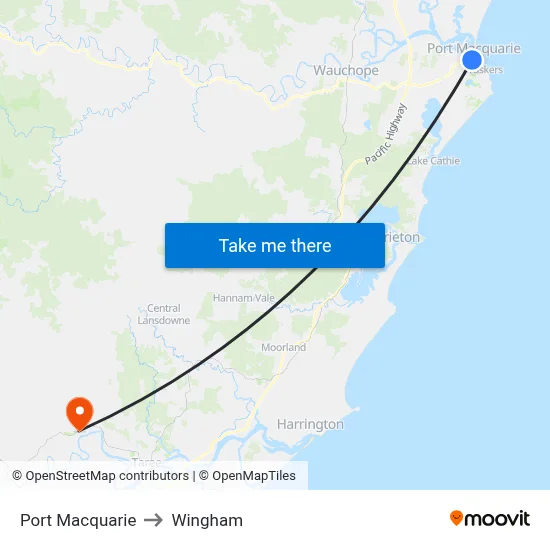 Port Macquarie to Wingham map