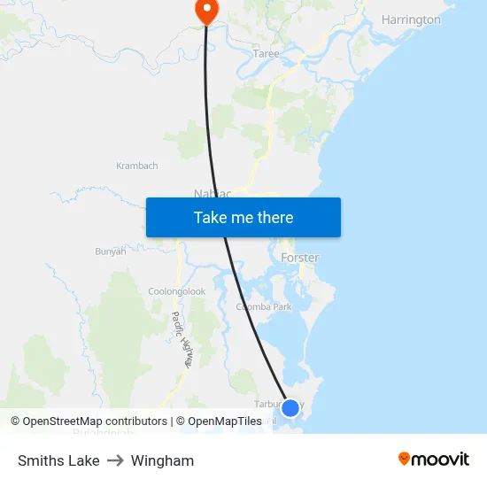 Smiths Lake to Wingham map