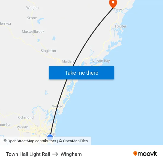 Town Hall Light Rail to Wingham map