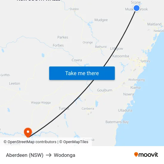 Aberdeen (NSW) to Wodonga map