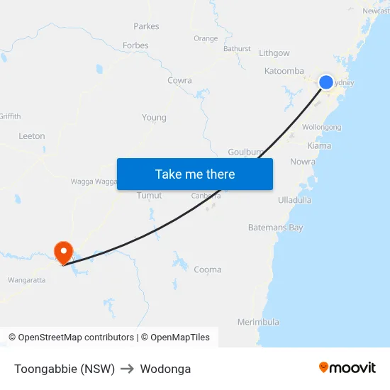 Toongabbie (NSW) to Wodonga map