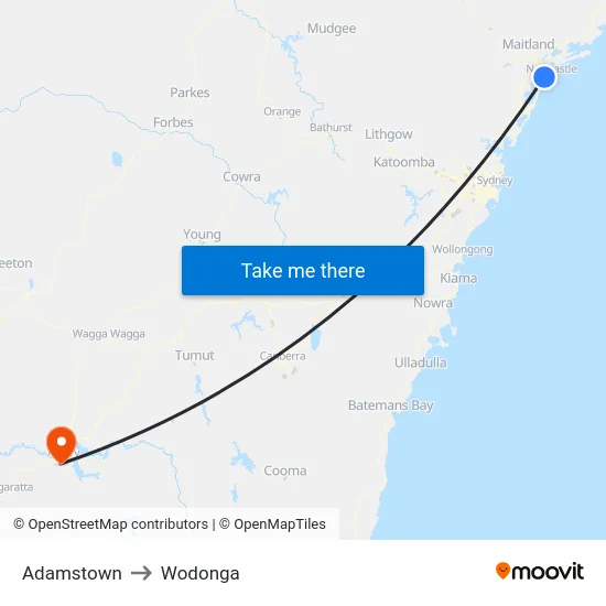 Adamstown to Wodonga map