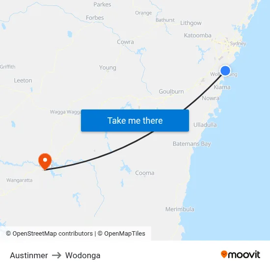 Austinmer to Wodonga map