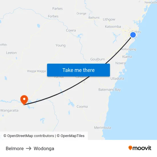 Belmore to Wodonga map