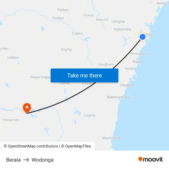 Berala to Wodonga map