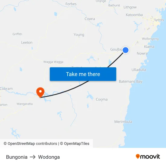 Bungonia to Wodonga map