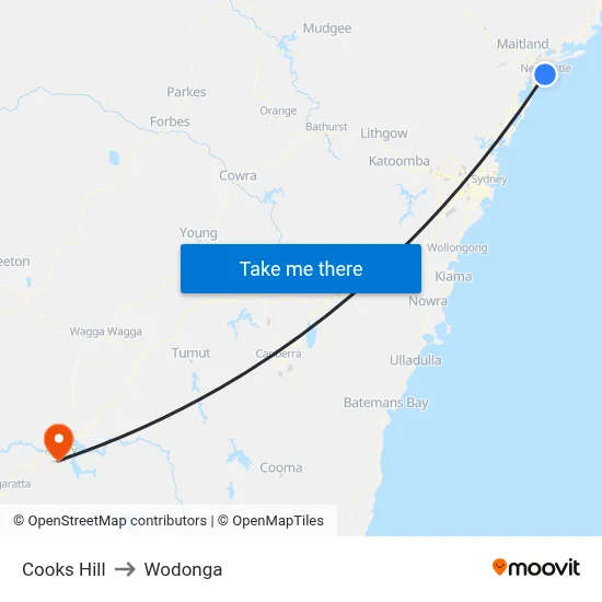 Cooks Hill to Wodonga map