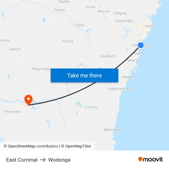 East Corrimal to Wodonga map