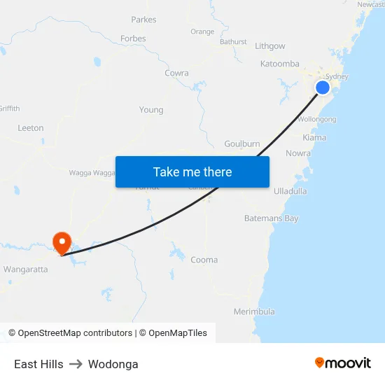 East Hills to Wodonga map