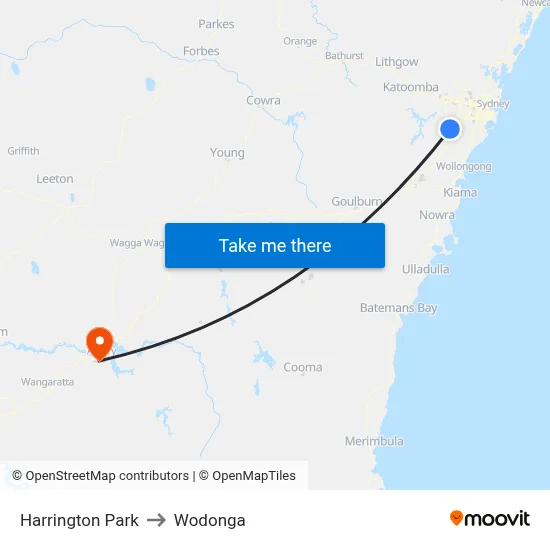Harrington Park to Wodonga map