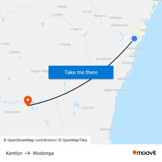 Kentlyn to Wodonga map
