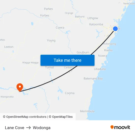 Lane Cove to Wodonga map